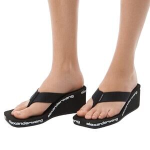 Alexander Wang Wedge Flip Flop Thong Sandals Logo Print Square Toe Black Size 37